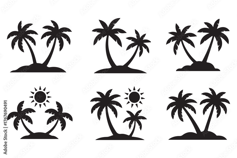 Fototapeta premium Tropical island silhouette with palm tree and sun summer vacation icon