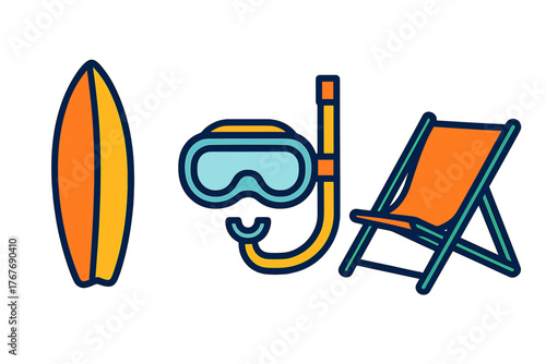 Set of summer beach vacation items including surfboard snorkeling mask and deck chair
