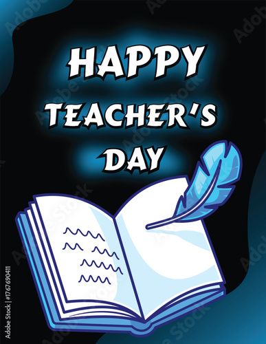 Happy Teachers' Day book design, made with blue and white colors, features a picture of a wing feather.