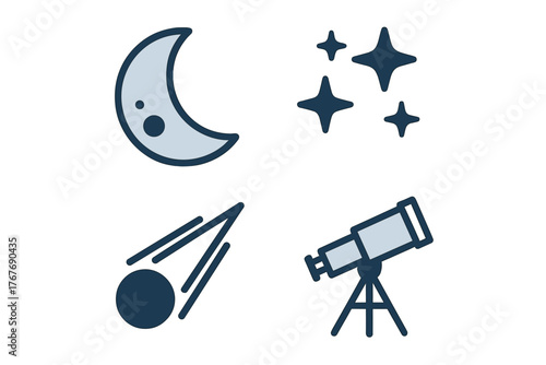 Astronomy symbols collection featuring the crescent moon, shining stars, comet, and telescope