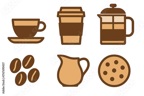 Stylized set of coffee and breakfast elements: cup, French press, beans, and cookie