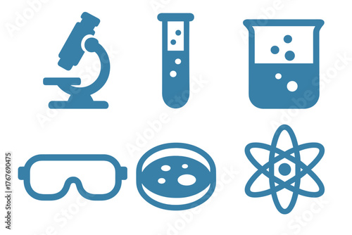 Essential icons for scientific research, laboratory experiments, chemistry, and biology tools