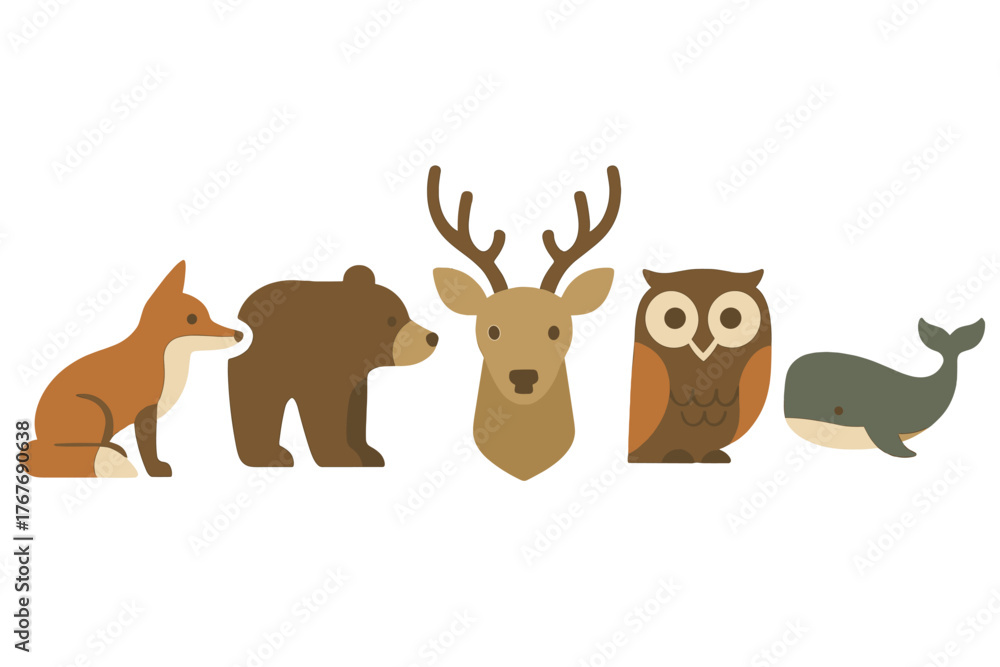 Fototapeta premium Stylized set of wild animals including fox bear deer owl and whale characters