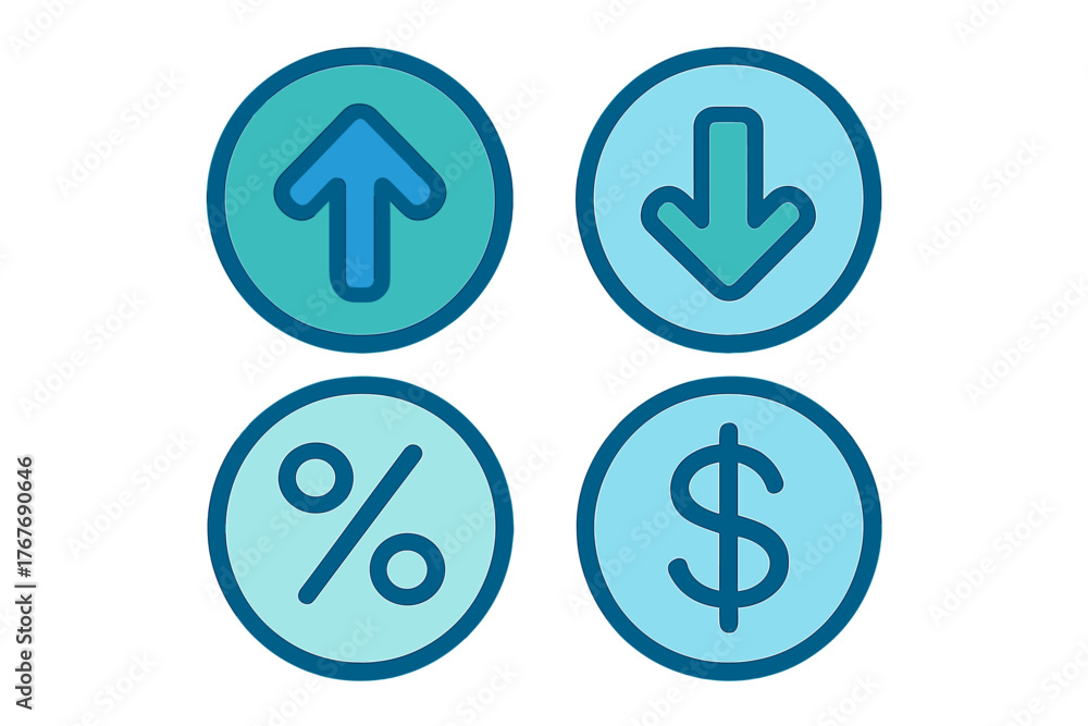 Essential financial symbols set: up arrow, down arrow, percentage sign, and dollar symbol for data visualization