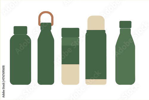 Five minimalist reusable drink containers including water bottles and insulated thermoses in green tones