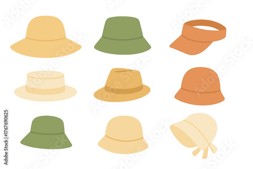 Collection of nine stylish summer hats and caps for beach and vacation