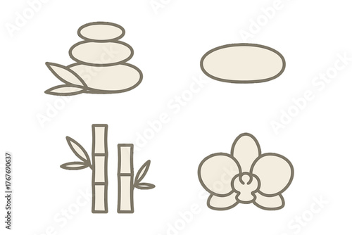 Minimalist spa and wellness symbols featuring zen stones bamboo and orchid flower
