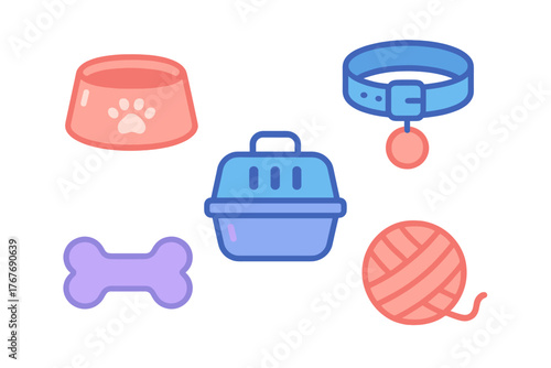 Collection of essential supplies and accessories for domestic pets including dogs and cats