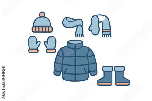 Collection of essential winter apparel including jacket, hat, scarf, mittens, and warm boots