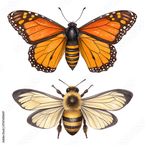 Colorful Butterflies and Bees Isolated on Transparent Background,