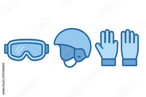 Essential snow sports safety gear collection featuring protective helmet, ski goggles, and winter gloves