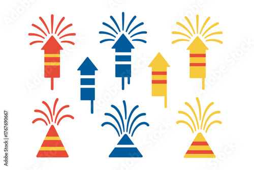 Colorful set of exploding firecrackers and rockets for festive celebration events