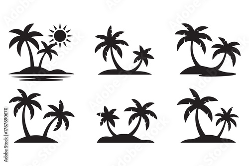 Tropical island silhouette with palm tree and sun summer vacation icon
