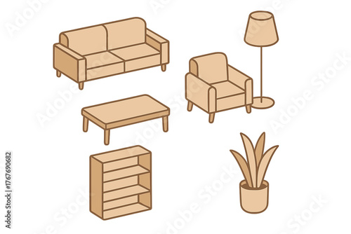 Isometric set of living room furniture: sofa, armchair, coffee table, bookshelf, and floor lamp