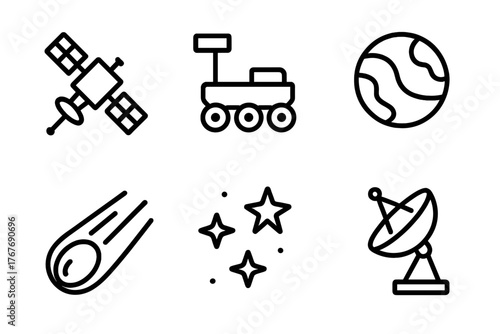 Space exploration outline icons featuring satellite, planetary rover, comet, and radio telescope