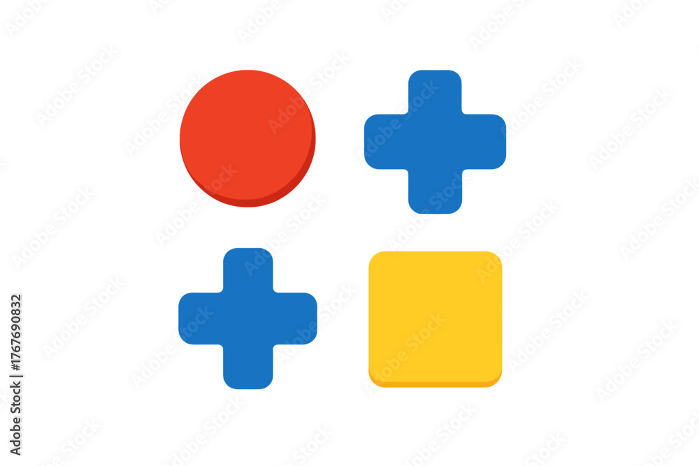 Obraz premium Four colorful geometric shapes including a circle, square, and two plus signs on white background