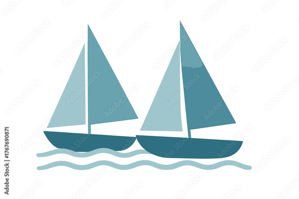 Fototapeta premium Minimalist two sailing boats navigating ocean waves in blue and teal colors