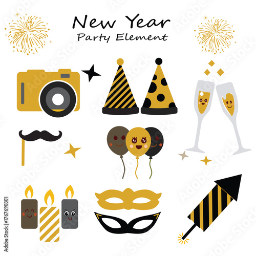New Year party accessories vector clip-art set isolated on white. Winter holidays illustration collection. Hand drawn festive seasonal design elements.