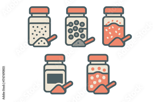 Set of jars containing nutritional supplements and powders with measuring scoops