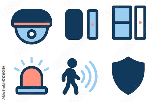 Smart home security system icons and surveillance technology devices