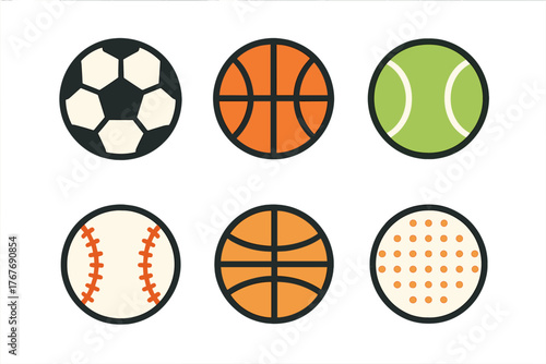 Set of six different sports balls for popular games like soccer basketball and tennis