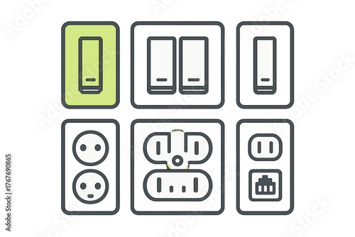 Modern set of electrical wall switches, power sockets, and data connection ports