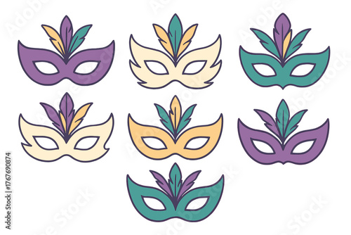 Repeating design of festive masquerade masks adorned with decorative feathers in purple green and gold
