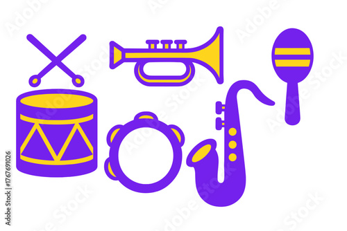 Brightly colored collection of musical instruments including trumpet saxophone drum and maraca