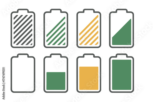 Set of eight battery status icons showing power capacity and energy level indicators