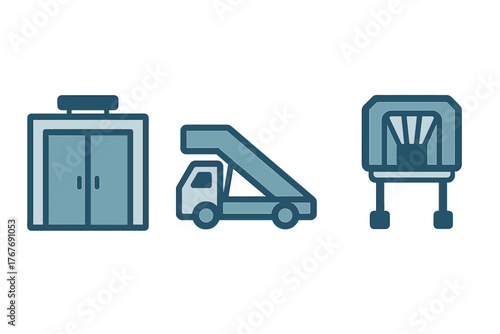 Airport infrastructure elements: passenger stairs, security scanner, and automatic doors