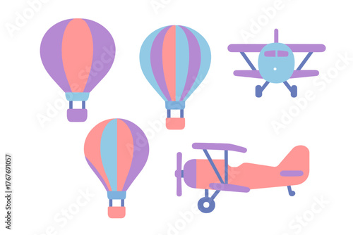 Pastel hot air balloons and vintage biplanes flying on white background