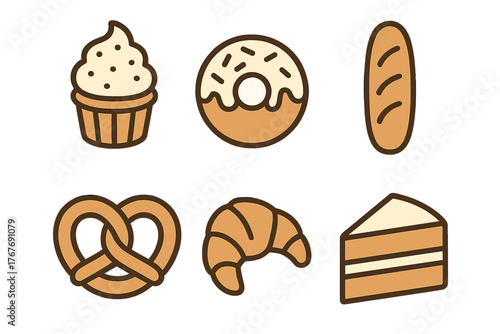 Set of sweet and savory baked goods icons including cupcake, donut, pretzel, croissant, bread, and cake