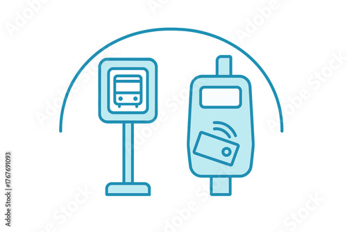 Bus stop sign next to contactless public transportation fare payment terminal