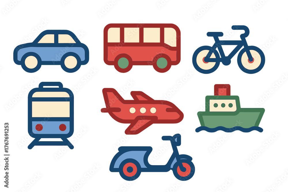 Naklejka premium Colorful set of travel and transportation symbols including car, bus, train, airplane, and bicycle