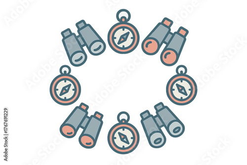 Circular frame of exploration tools including compasses and binoculars for navigation and discovery