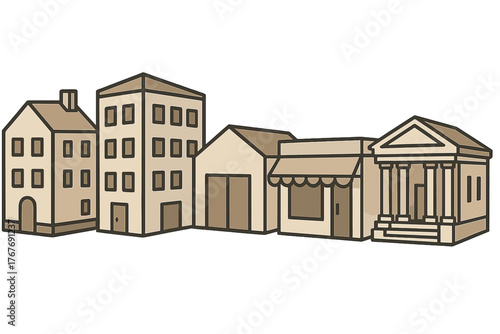 Monochrome streetscape featuring various urban buildings including residential houses, a store, and a classical bank