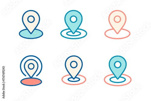 Set of six colorful location pin markers for navigation and GPS tracking applications