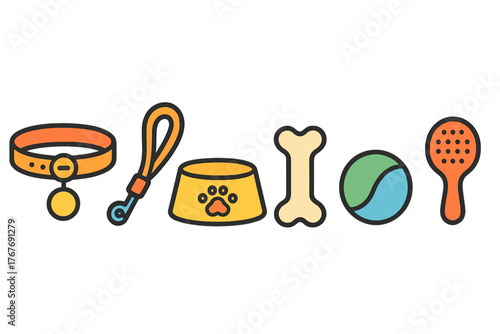 Essential pet care accessories set including collar leash bowl bone ball and brush