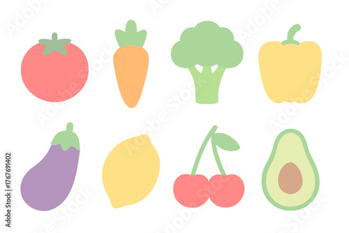 Set of eight colorful stylized fruits and vegetables including tomato carrot broccoli and avocado