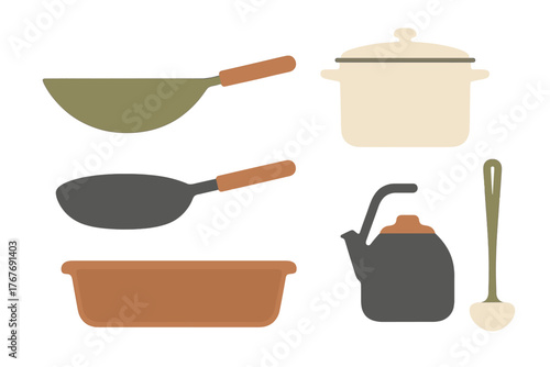 Essential kitchen cookware set including frying pan wok pot kettle and baking dish