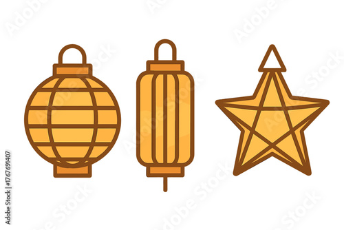Collection of traditional Asian festive lights including round and cylindrical lanterns and a star