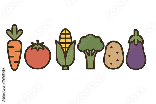 Simple fresh vegetables set including carrot tomato corn broccoli potato and eggplant