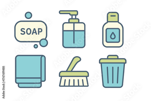 Set of essential hygiene and cleaning items including soap dispenser towel brush and trash can