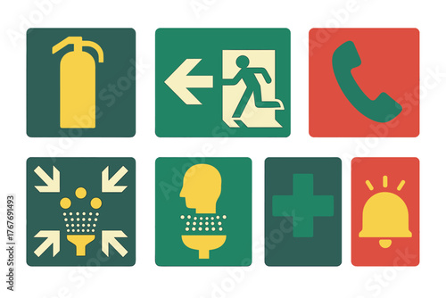 Universal safety and emergency symbols featuring fire, exit, medical, and alarm icons