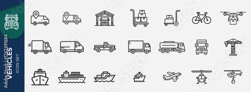 Collection of Vehicles icon. Line art Icon of cars, trucks, bicycles, house, crane, ship, illustration. 