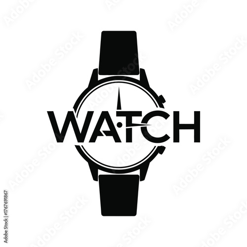 Modern black and white graphic logo design featuring the word watch integrated into a wristwatch face