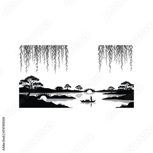 Serene chinese landscape with a boatman on a river traditional architecture and weeping willow branches