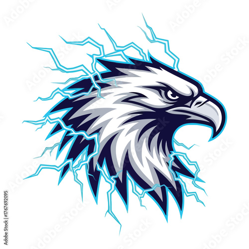 Detailed vector illustration of an eagle head with lightning bolts, showcasing intricate feather details and a powerful, electrifying design isolated on white background