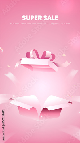 Vertical super promotion discount information gift box opened with a pink background template