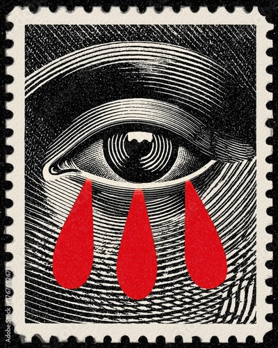 Vintage Stamp - Style Illustration of a Human Eye with Three Red Blood Tears, Conveying Sadness and Emotion, Perfect for Wallpaper, Poster, Art, and Conceptual Design Projects